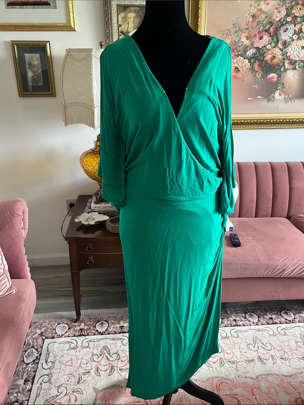 bebe Teal Green Draped V-Neck Maxi Dress